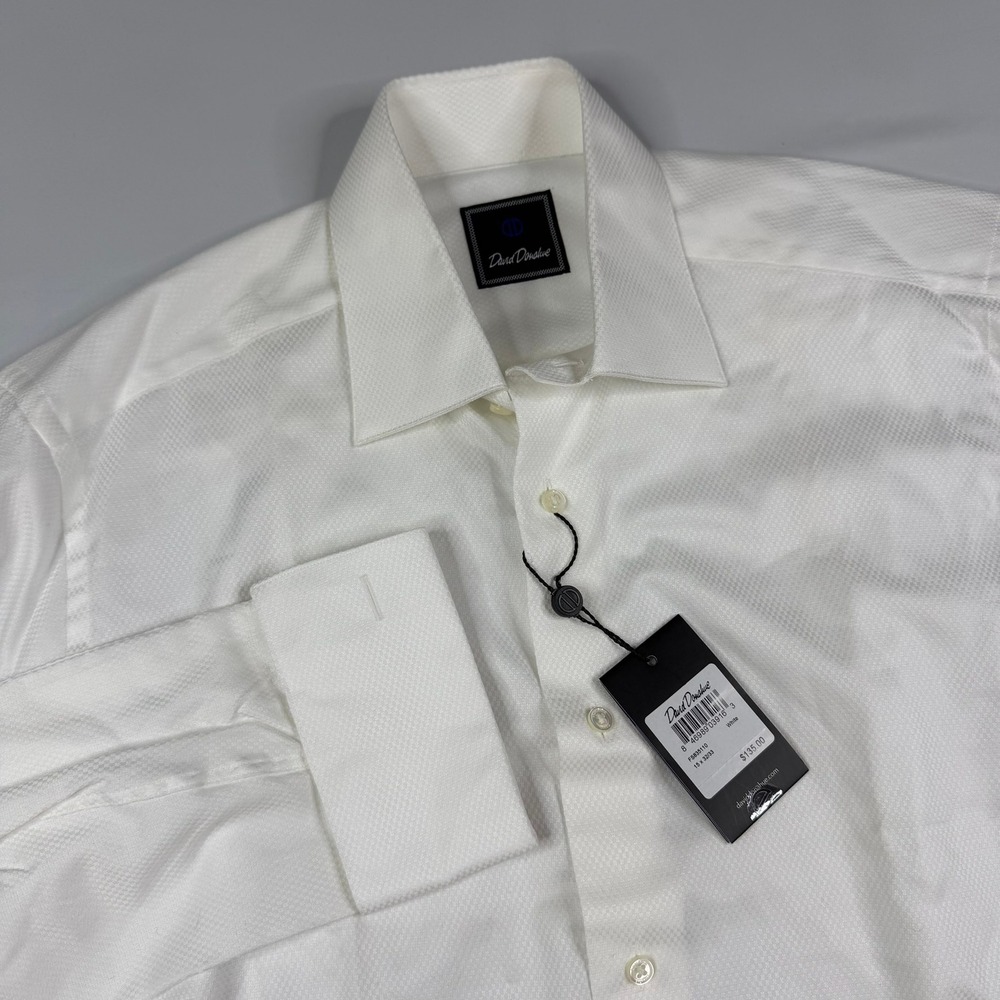 David Donahue Dress Shirt Mens 15 32/33 White Textured French Cuff Cotton NEW